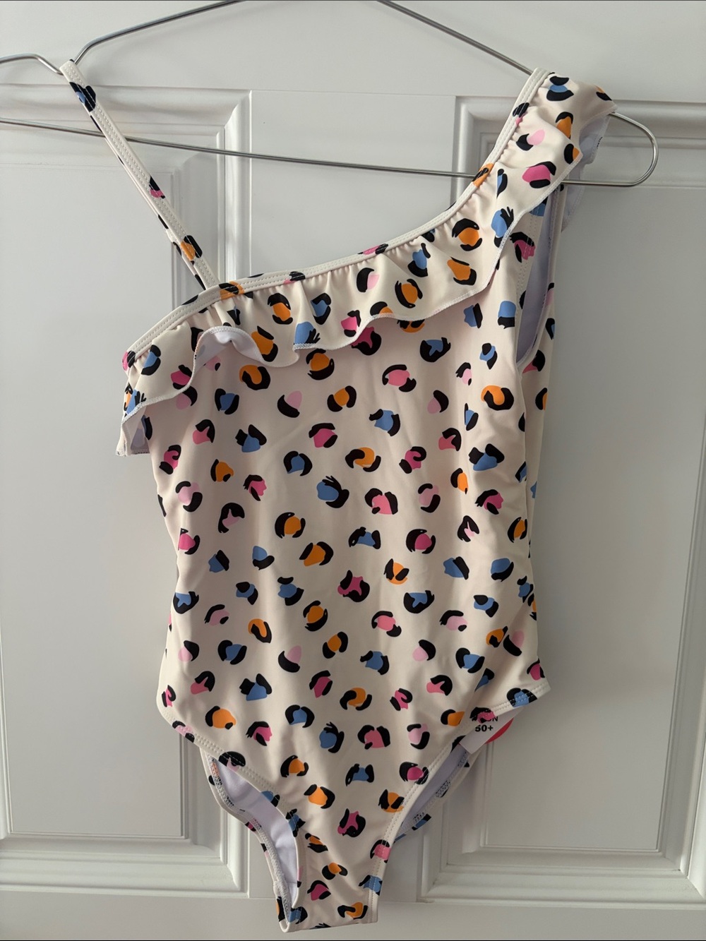 One-Shoulder Ruffle Leopard Print Kids Swimsuit - Cream Multicolor